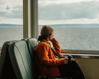 A woman contemplating the sea from a train.