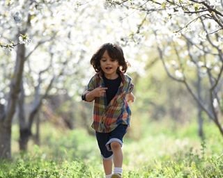child running amongst trees