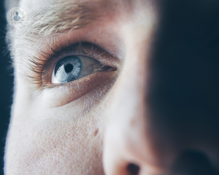 Close up photo of man's eyes as he looks up