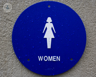 A blue sign signalling a women's toilet