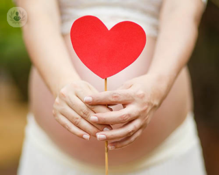Pregnant belly with a red heart on a stick