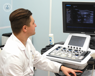 A rheumatology clinician performing a musculoskeletal ultrasound.