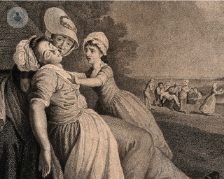 Old painting of a woman fainting and other women around helping