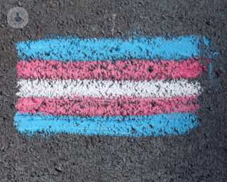 Pink, blue, black and white transgender flag in chalk on grey concrete