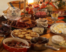 Indulgent food on a buffet table, which can cause gout