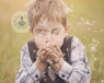 Child blowing dandelions in a field
