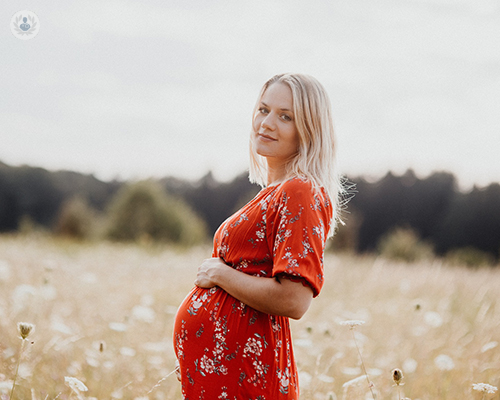 A pregnant woman in a field 