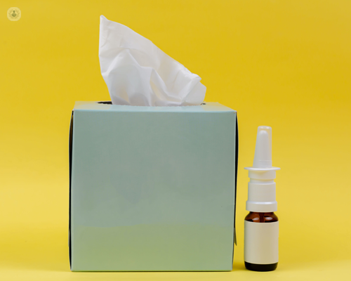 Box of tissues and nasal spray for nasal blockages