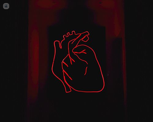 Neon heart as visual allegory for cardiomyopathy