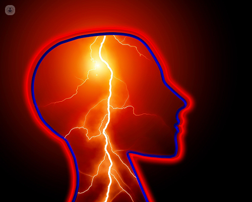 A lighting bolt within the outline of the human head to symbolize a seizure