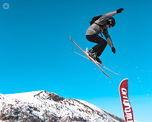 A skier flying through the air