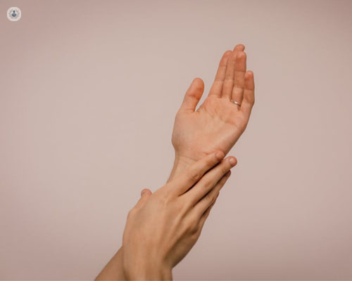 A picture of someone's hands. The hands and arms are often affected in cases of scleroderma, causing thickening and hardening of patches of skin.