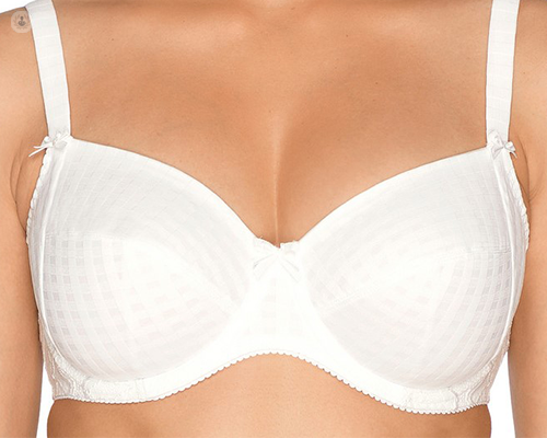 A woman's breasts. She is wearing a white bra.
