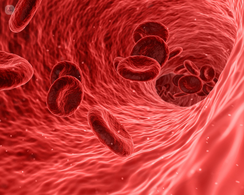 Diagram of blood cells in an artery, which can be affected by thrombophilia