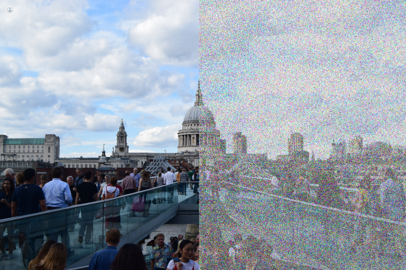 View of London - visual representation of what Visual Patient's might see. Photo divided one side is clear, the other is grainy.
